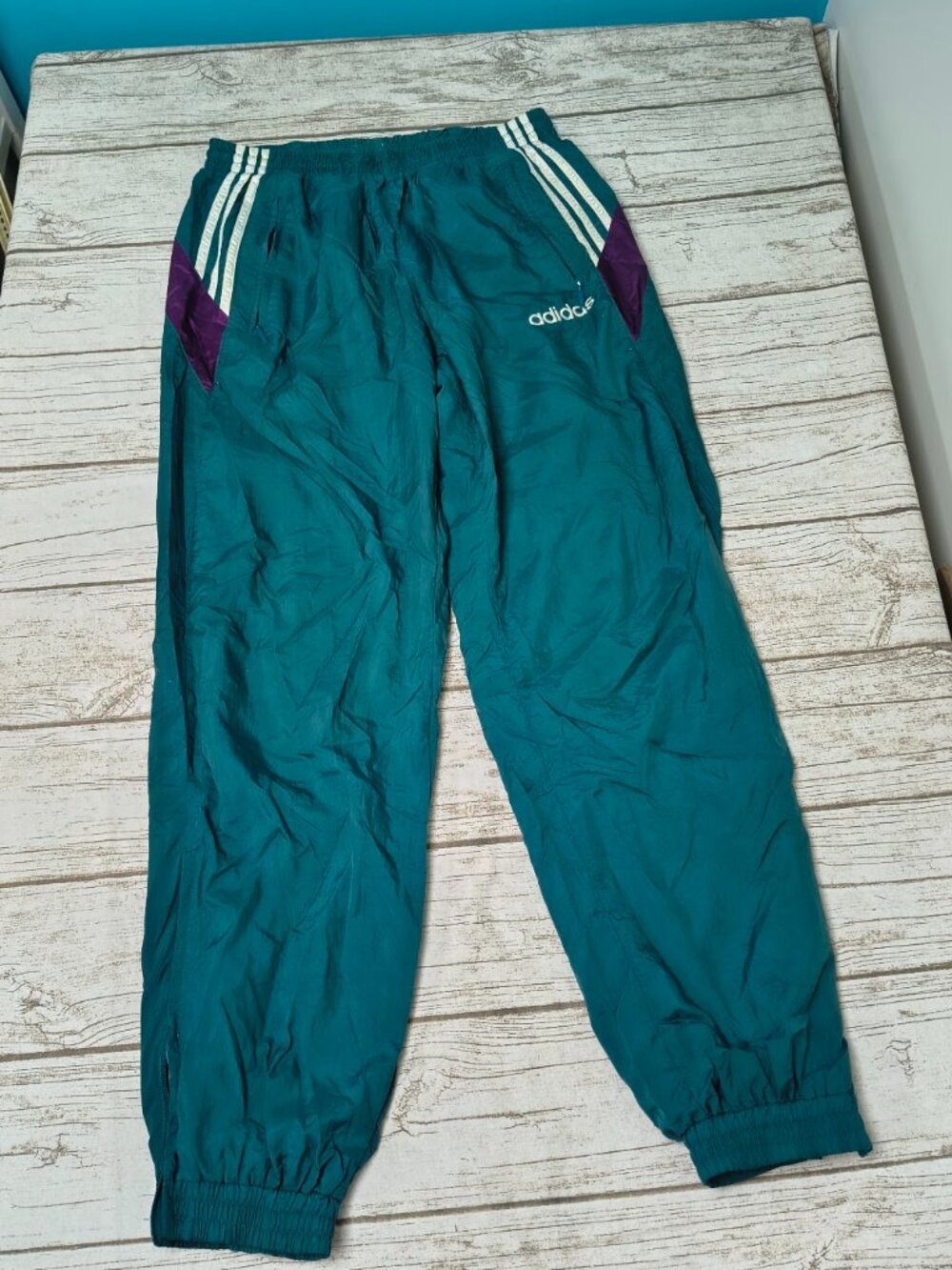 Vintage 90s Adidas Nylon Track Pants Teal Purple Colorblock Ankle Zip Mens